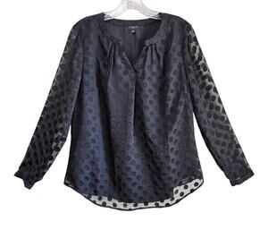 TALBOTS Women's Petite M MP Blouse Black Polka Dots Sheer Long Sleeve Lined 38"